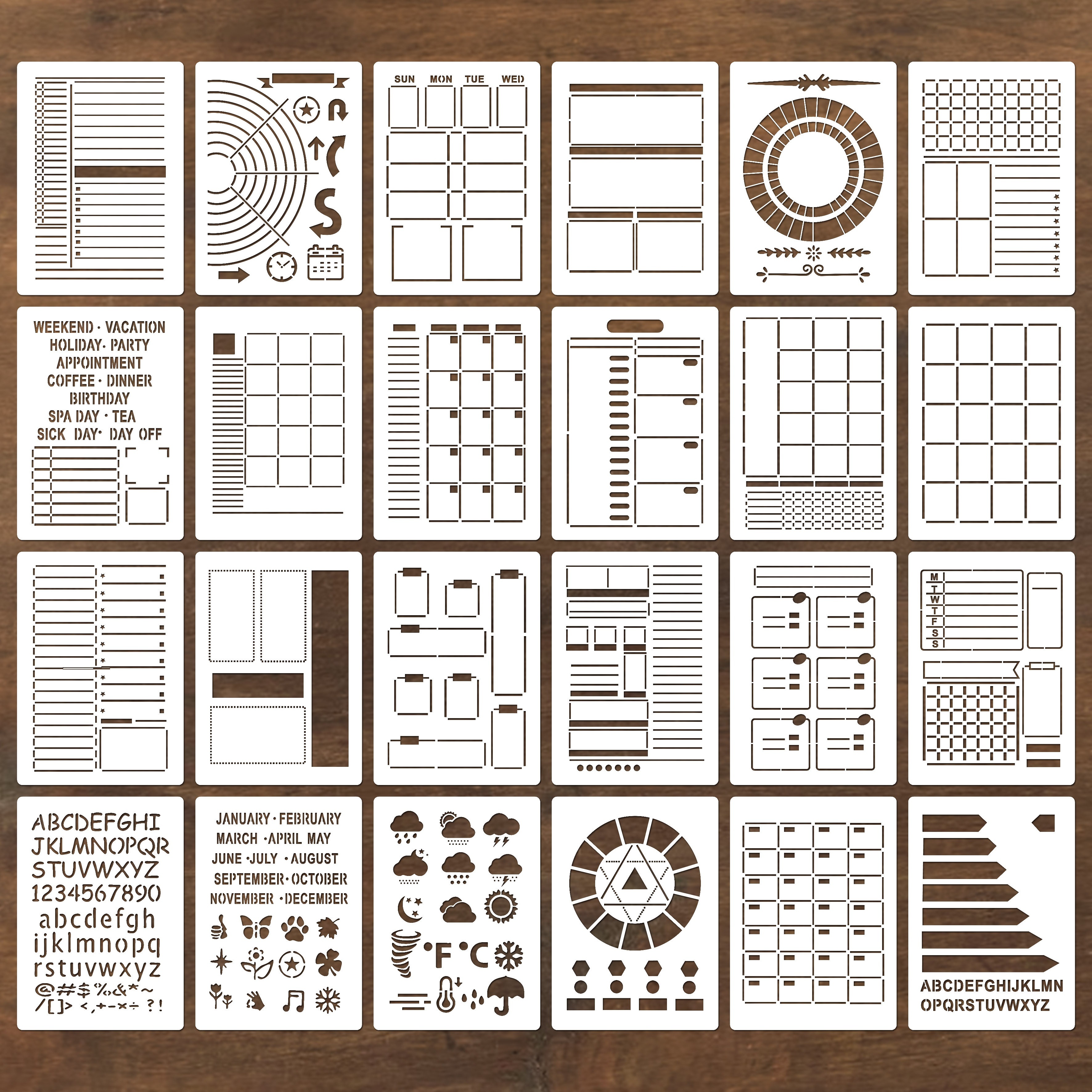 24pcs Hollow Drawing Template Journal Stencil Set A6 Plastic