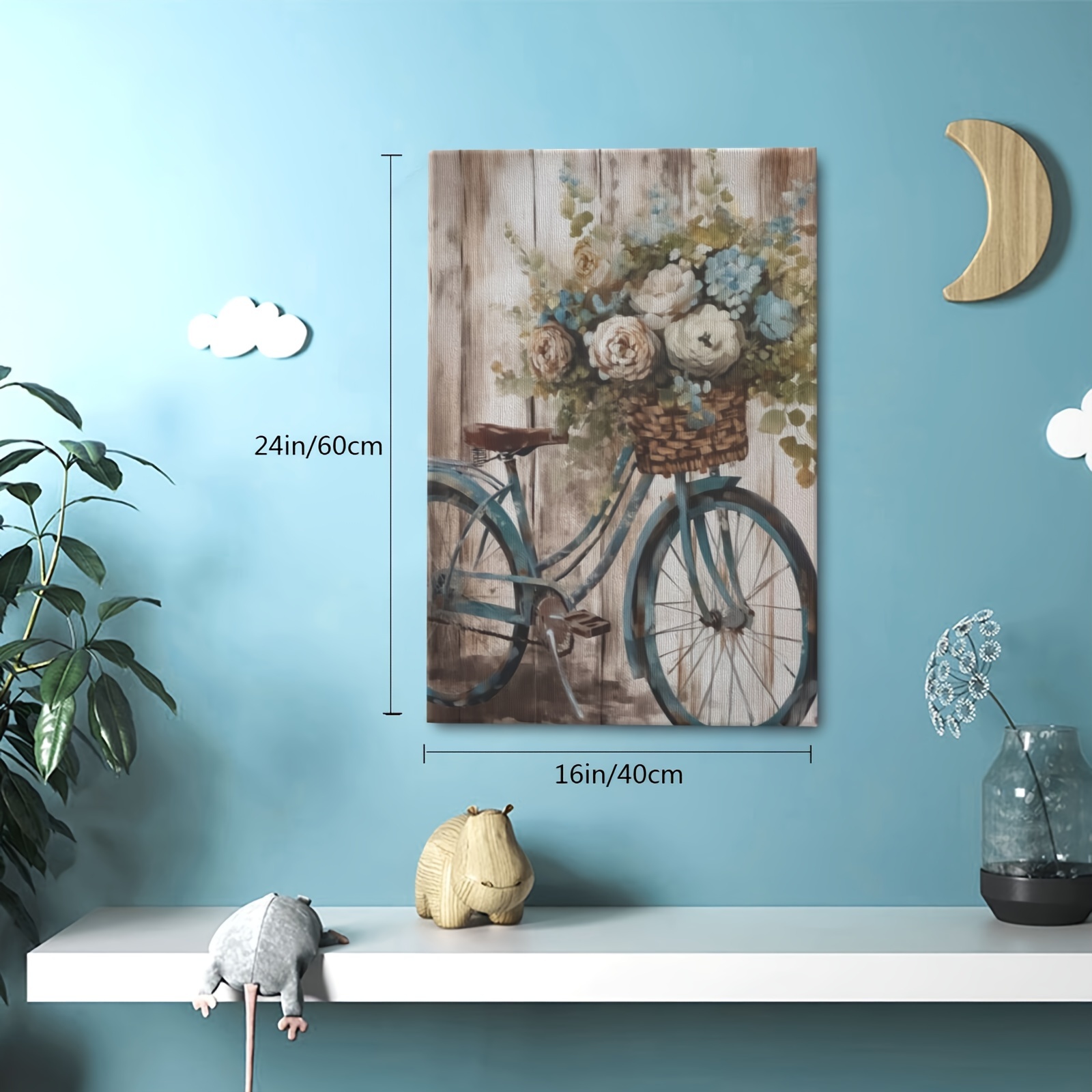 1pc Framed Rustic Canvas Print Poster Blue Retro Bike Canvas Wall Art 