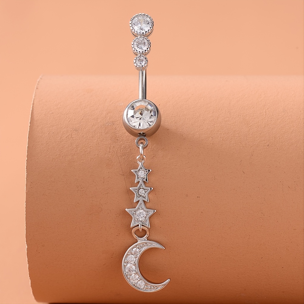 Stainless Steel Star Moon Zircon Navel Belly Ring 18k Gold Plated