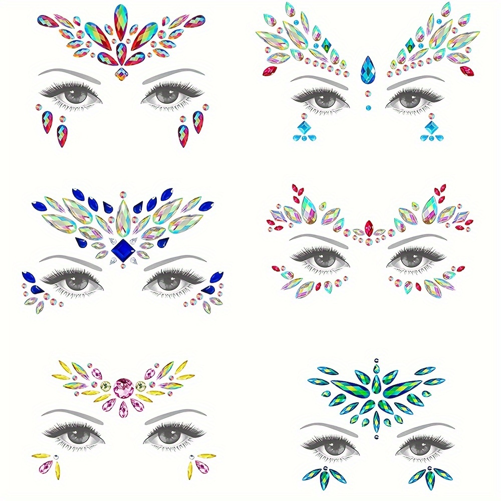 Face Jewels, 6 Sets Face Gems Stickers, Mermaid Festival Face