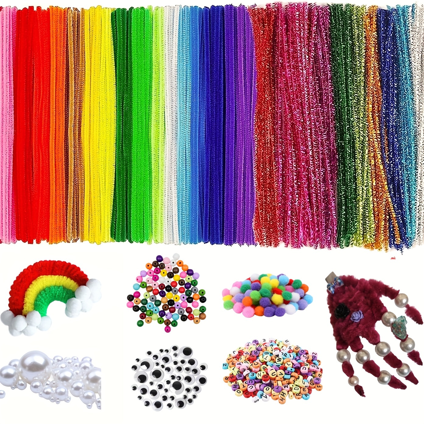 Pipe Cleaners Craft Set with DIY Tutorial, Included 200pcs Multicolor Pipe Cleaners Chenille Stems, 200pcs Pom Poms, 200pcs Self-sticking Wiggle