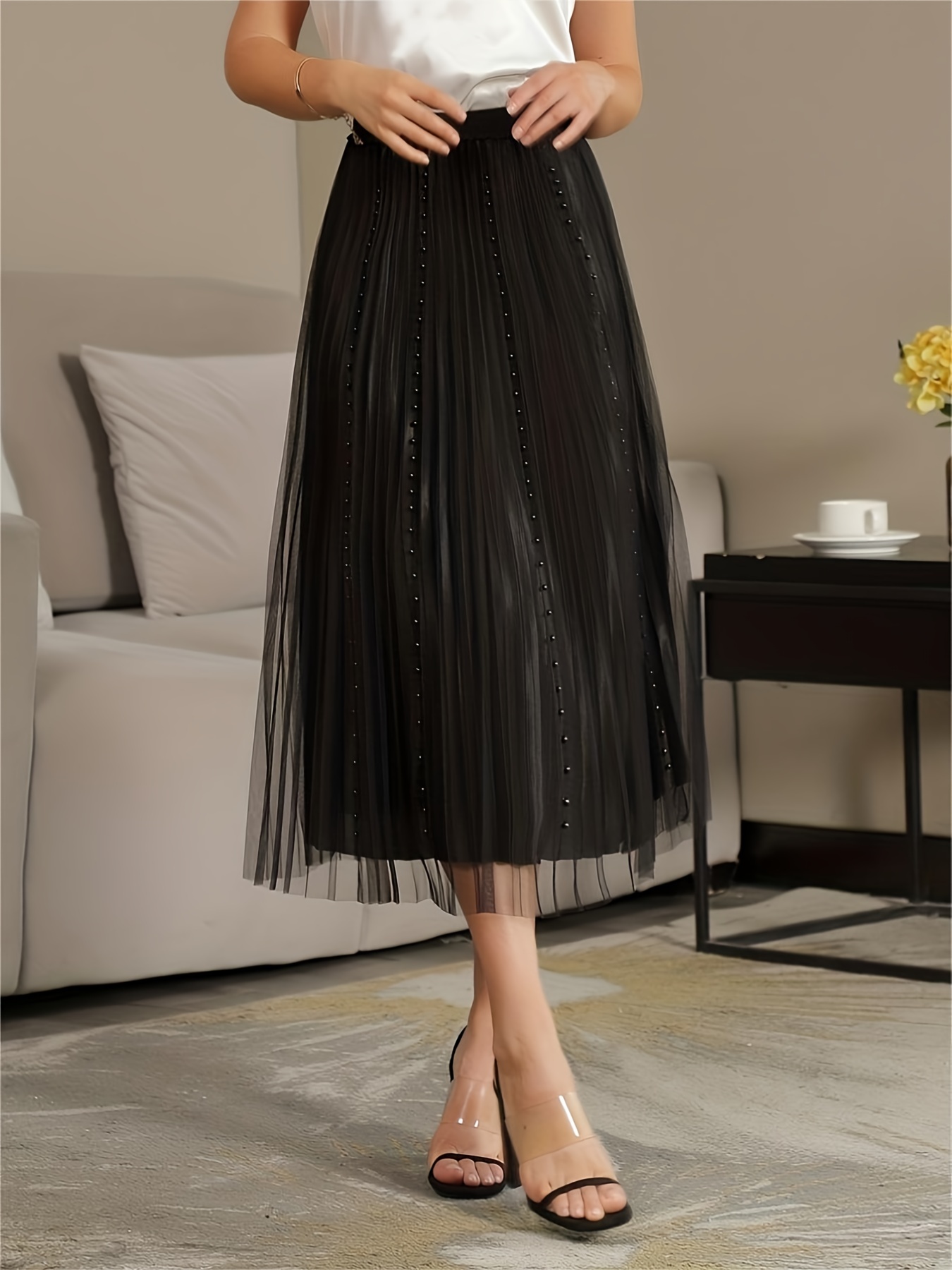 Black mesh high outlet waisted full pleated skirt