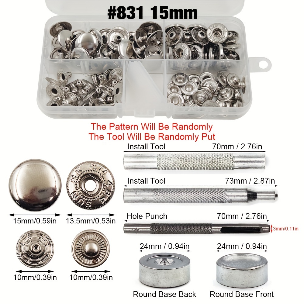 15mm Leather Snaps Fasteners Kit, 4 Color Metal Button Snap Press Studs ,4  Tools