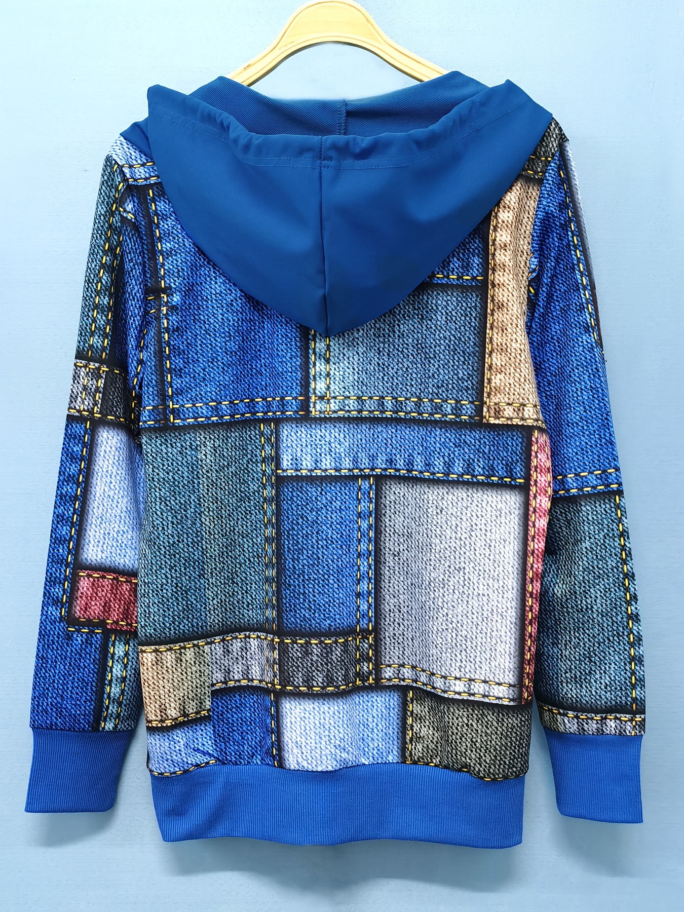 Patchwork Print Button Hoodie, Casual Long Sleeve Drawstring Hoodies  Sweatshirt, Women's Clothing - Temu
