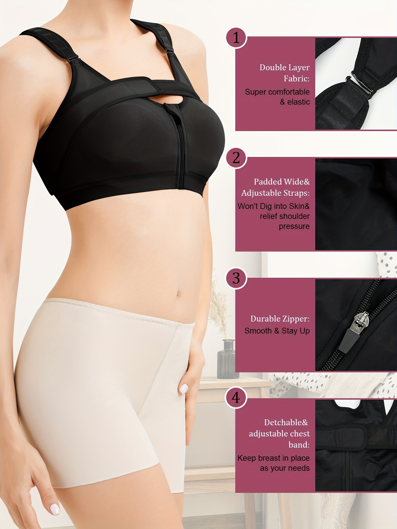 Post-Surgical Front Closure Bra, Adjustable Wide Strap Zipper Support Bra,  Women's Underwear & Lingerie