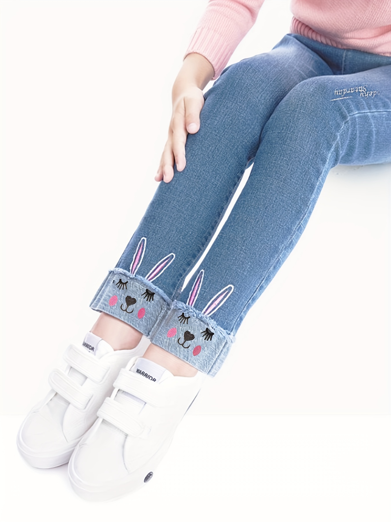 Girls Fashion Jeans Cute Rabbit Embroidered Kids Denim - Temu