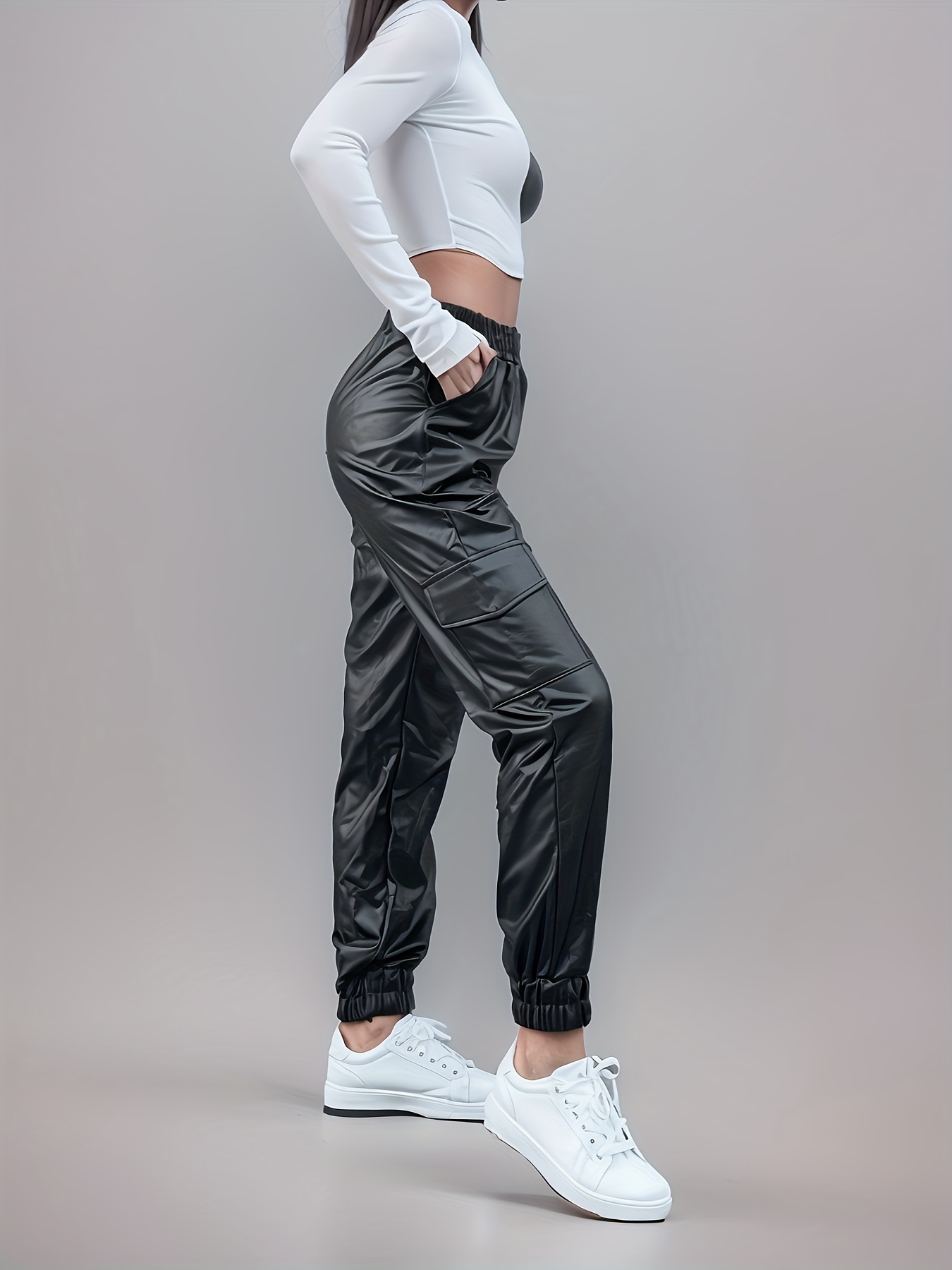 Drawstring Flap Pockets Jogger Pants, Vintage Solid Faux Leather