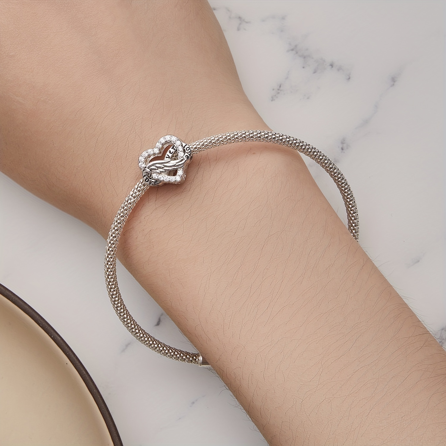 1pc Heart-shaped Full Rhinestone Design Sterling Silver Bracelet