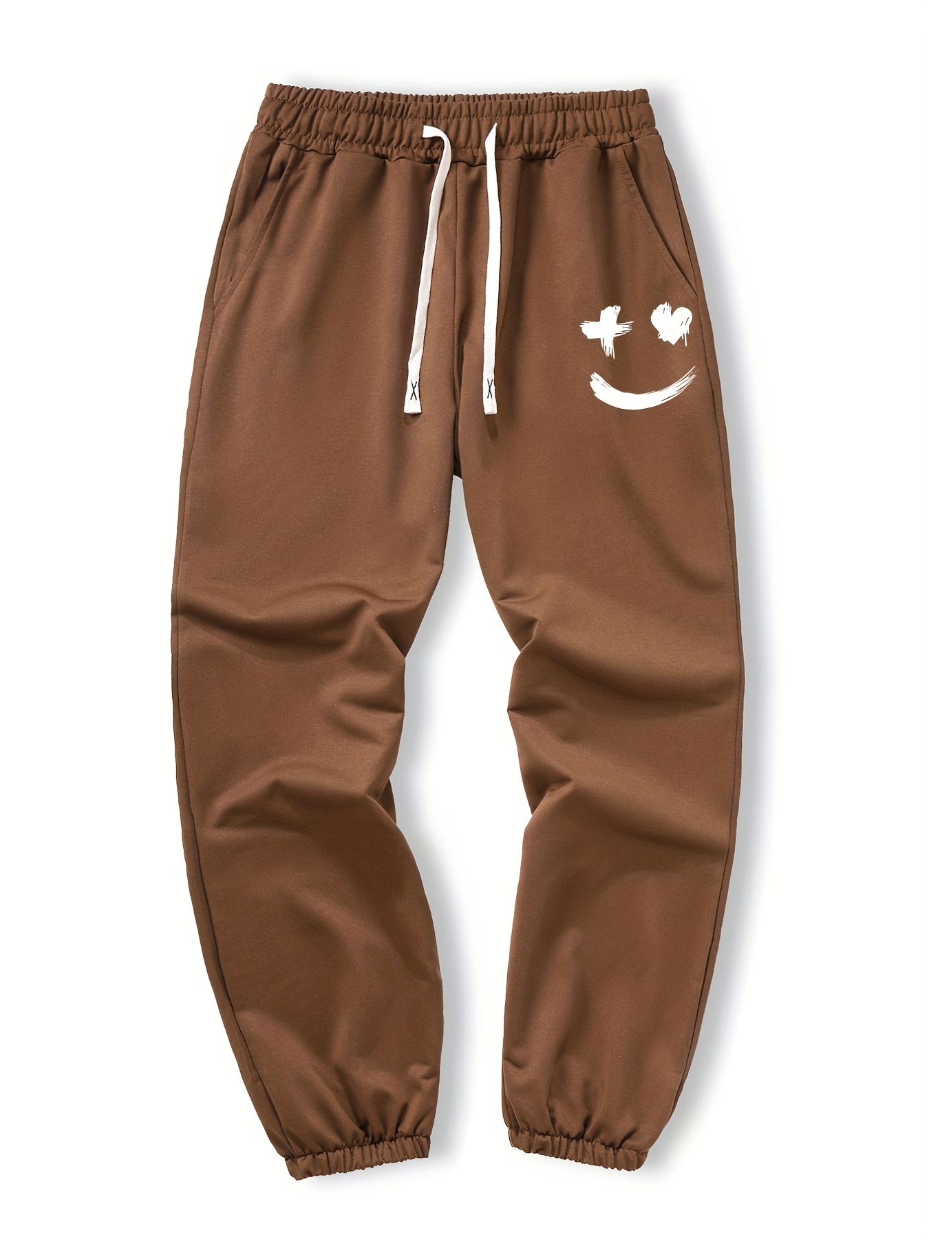 Smiling Face Print Joggers Men's Casual Loose Fit Drawstring Pants