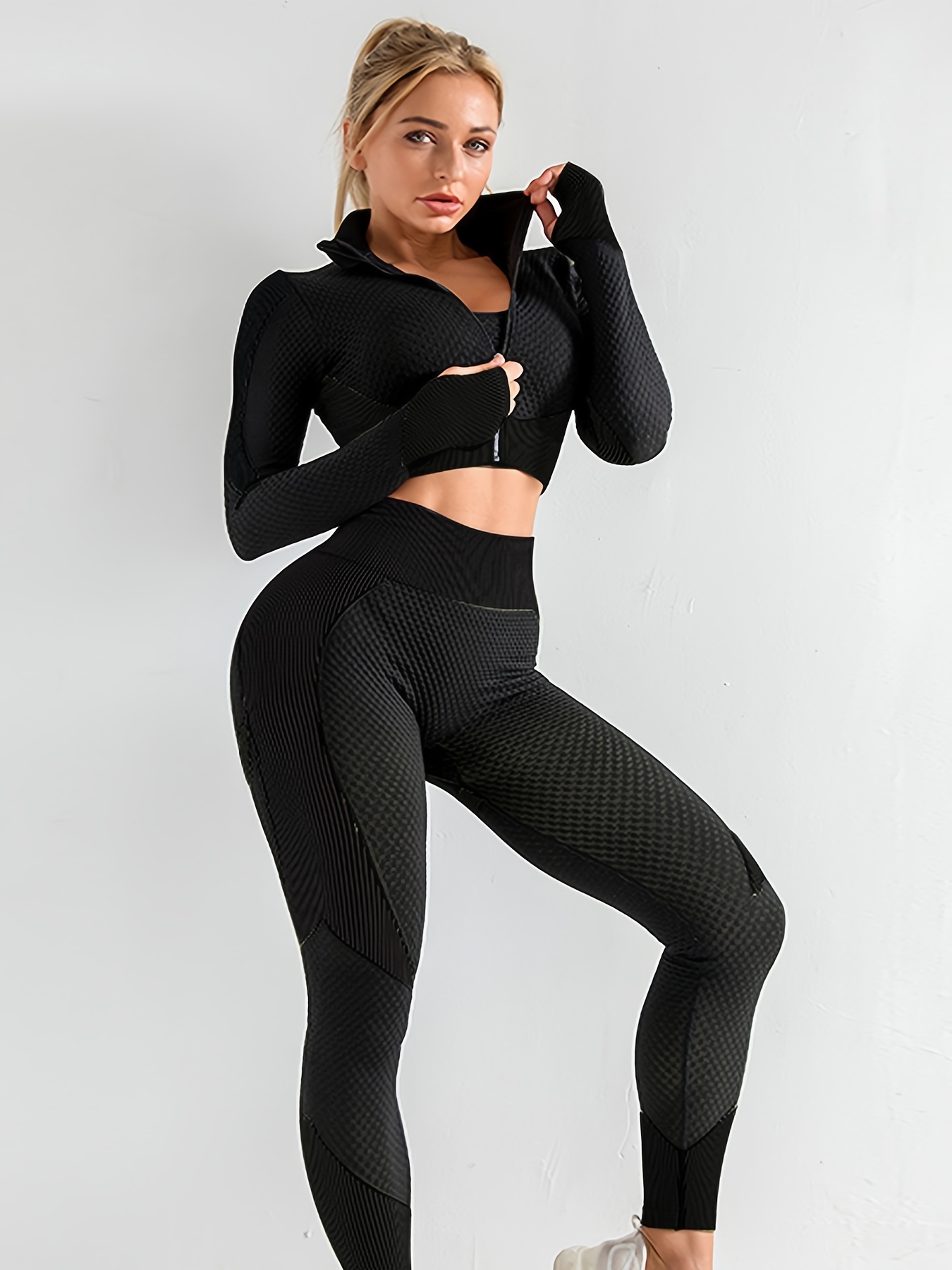 Ladies Professional Sports Fitness Seamless Sports Set0-black