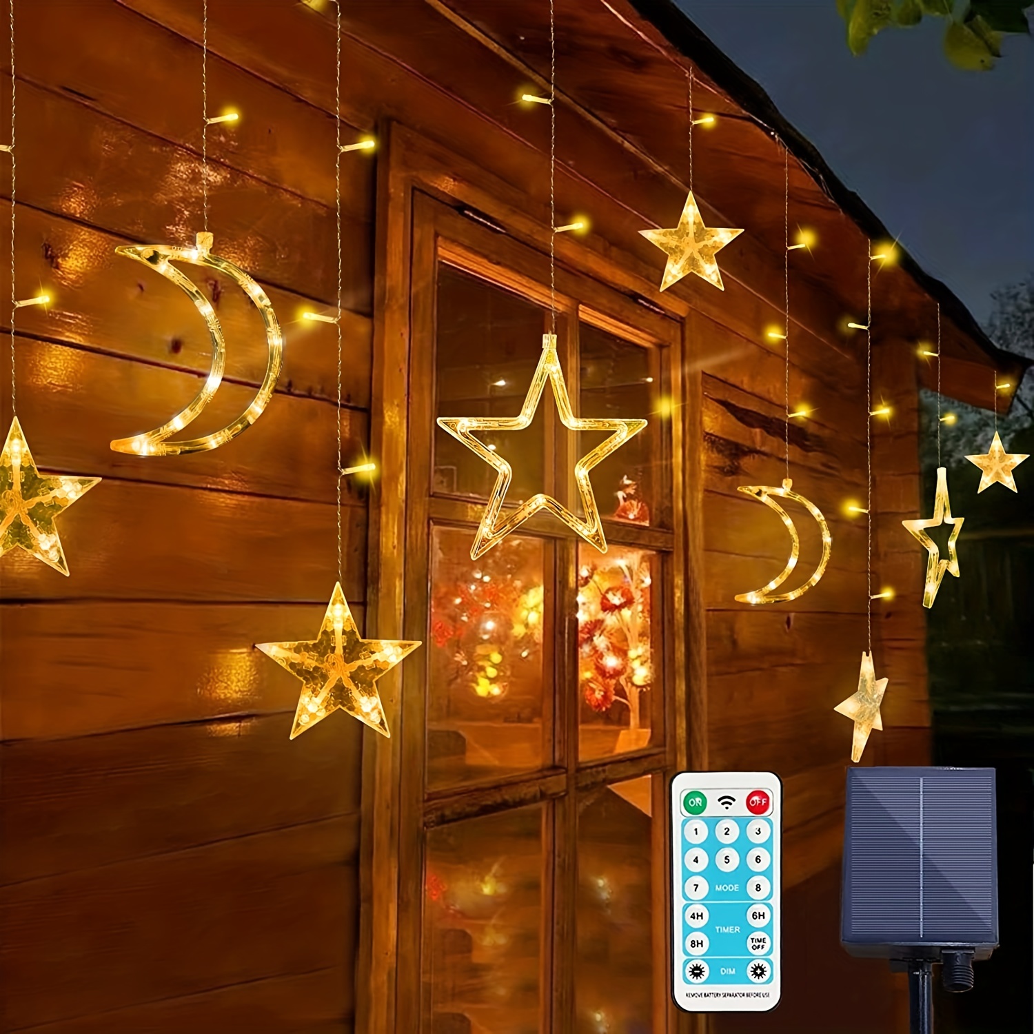 1set, Solar Star And Moon Series Light Outdoor With Remote Control 8 Modes  Solar Curtain Light Waterproof Fairy Light Solar Window LED Light Timer