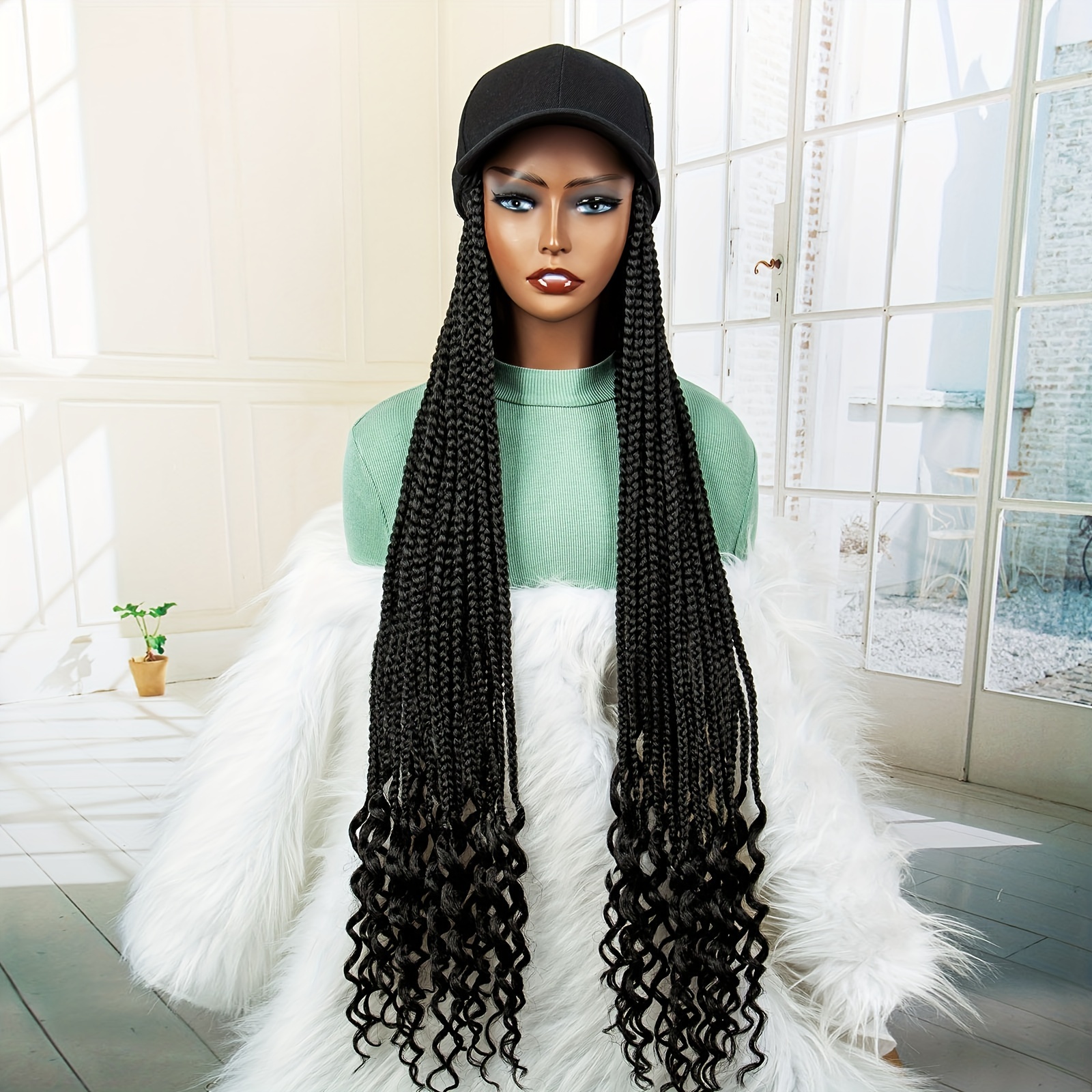 Wig Long Box Braids Hair Extensions With Hat Black Hat Wig With