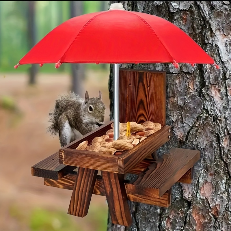 Mangeoire de table de pique-d'écureuil, table de pique-d'écureuil en bois  avec parapluie et porte-épi de maïs, mangeoires d'écureuil pour l'extérieur