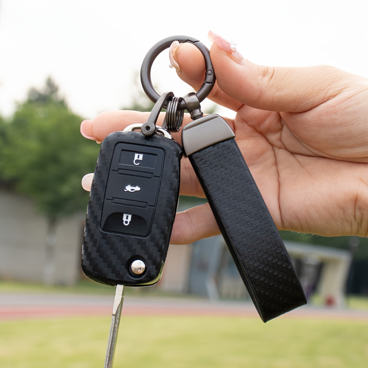 3pcs Für VW Silikon Autoschlüssel Schutzhülle Schlüsseltasche + Mode Carbon  Fiber Leder Seil Schlüsselanhänger Universal Schlüsselanhänger Für VW