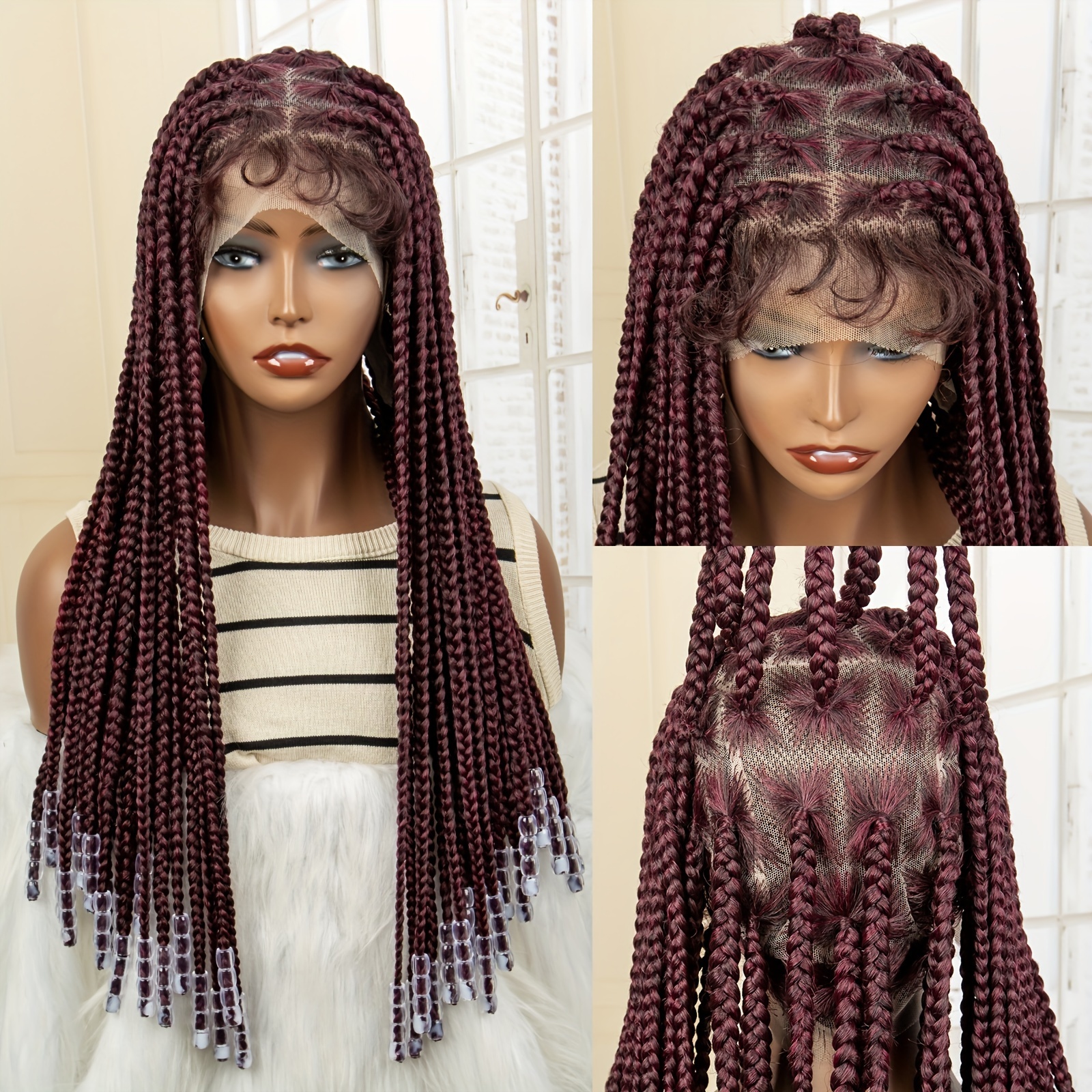 Synthetic Lace Front Braided Wigs Burgundy Knotless Box Braids