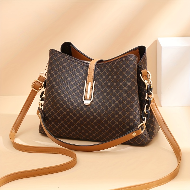 Classic Geometric Pattern Tote Bag, Vintage Shoulder Women's Office Bag,  All-match Pu Leather Bag - Temu