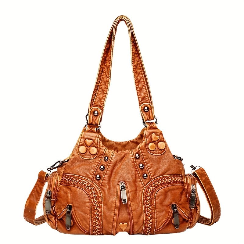 

Studded Decor Shoulder Bag, Vintage Handbags For Women, Soft Pu Leather Satchel Purses