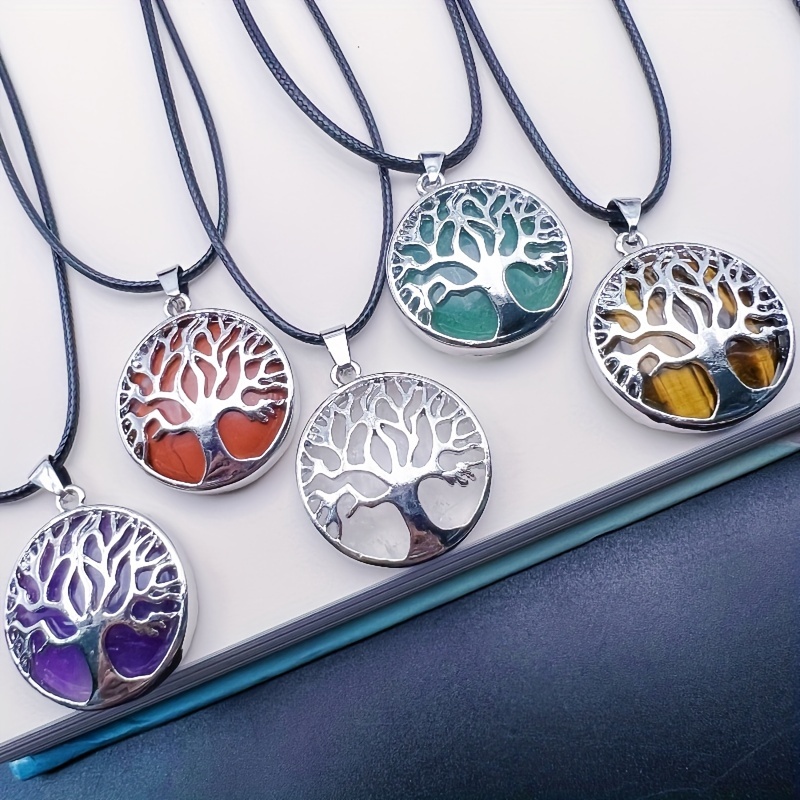 Natural Gemstone Tree of Life Pendant Necklace 7 Chakra Healing Crystal  Charm 