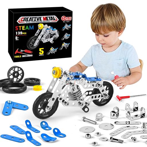 Erector Set Motorcycle,Stem Building Projects Toys For Kids 8+ Year Old, Metal Building Construction Model Kit, 5 Variable Multi Shape Motorbike Building Blocks Steam Educational Toys(139PCS)
