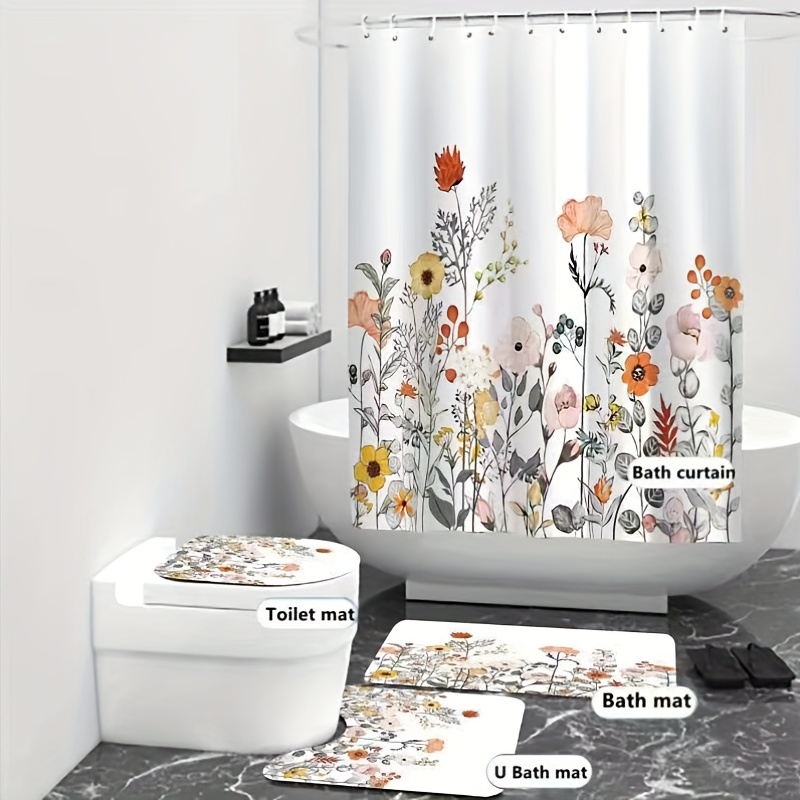 4pcs Flower Pattern Bathroom Sets with Shower Curtain and Non Slip Rug