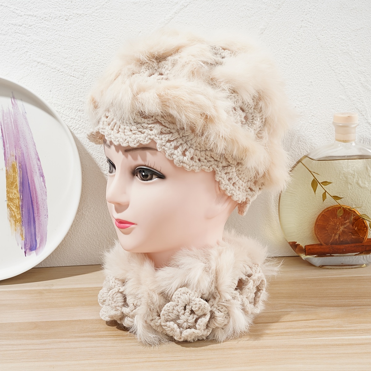 Long Knitted One Set Real Rabbit Fur Scarf Collar Shawel Hat Neck Warp  Earflap