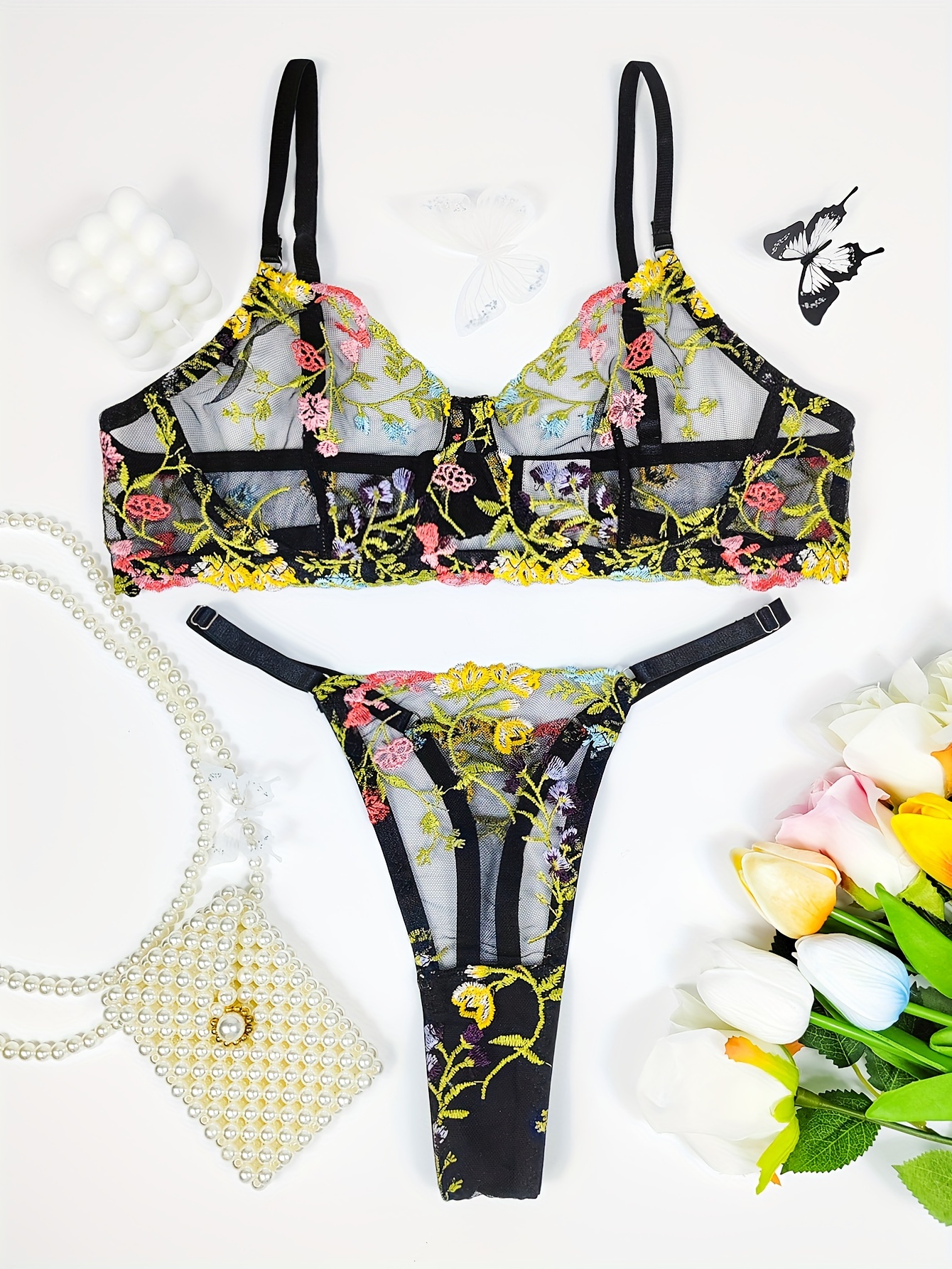 Flower Embroidery Bralette Wireless Transparent Mesh Bra and Panties Set  Plunge Deep V Lingerie Underwear Women