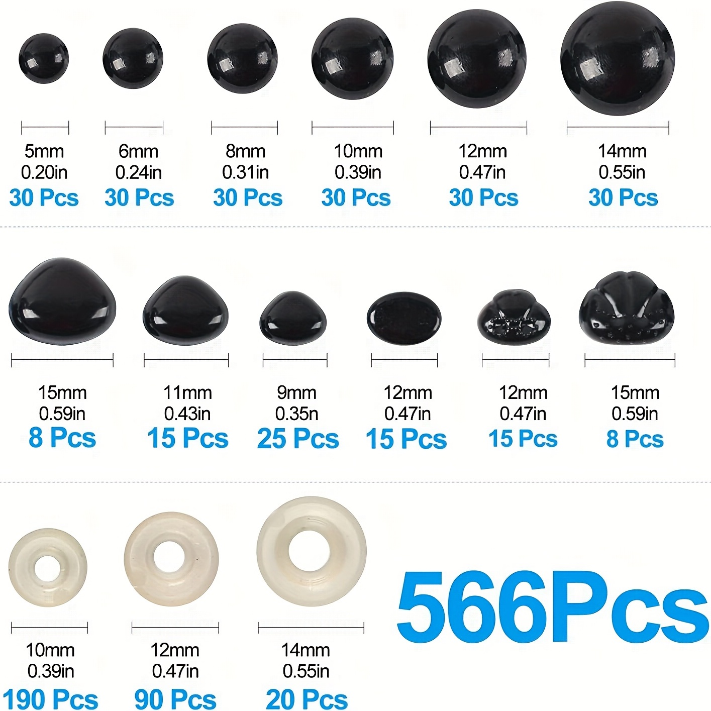 8x12mm Solid Black Oval Safety Eyes/noses With Washers: 2 Pair