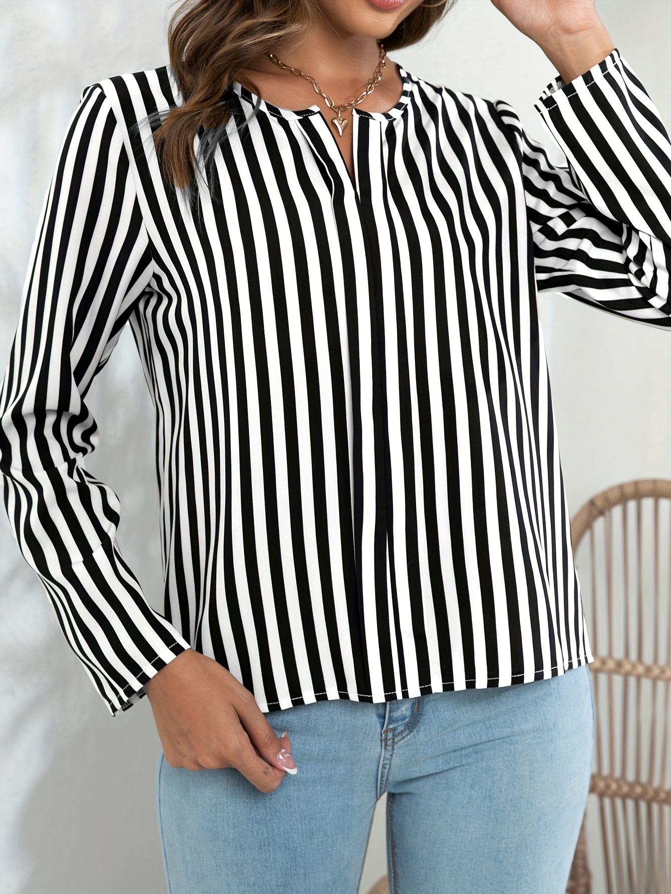 Blusa Suelta Rayas Mujer Blusa Manga Larga Cuello Redondo - Temu Spain