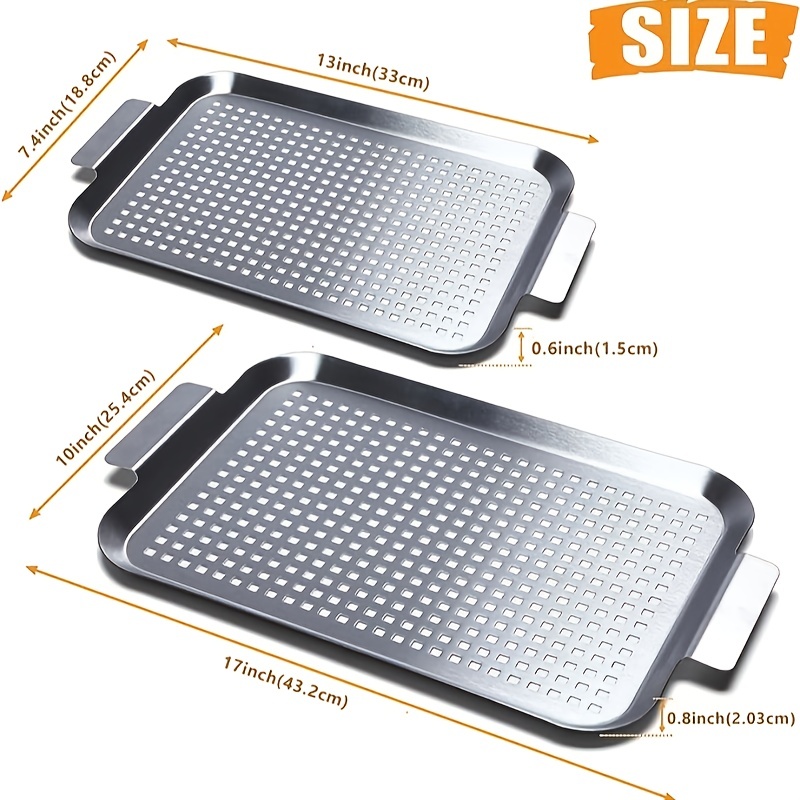 Grill Topper BBQ Grilling Pans (Set of 2) - Non-Stick Barbecue Trays w  Stainless Steel Handles for Meat, Vegetables, and Seafood 