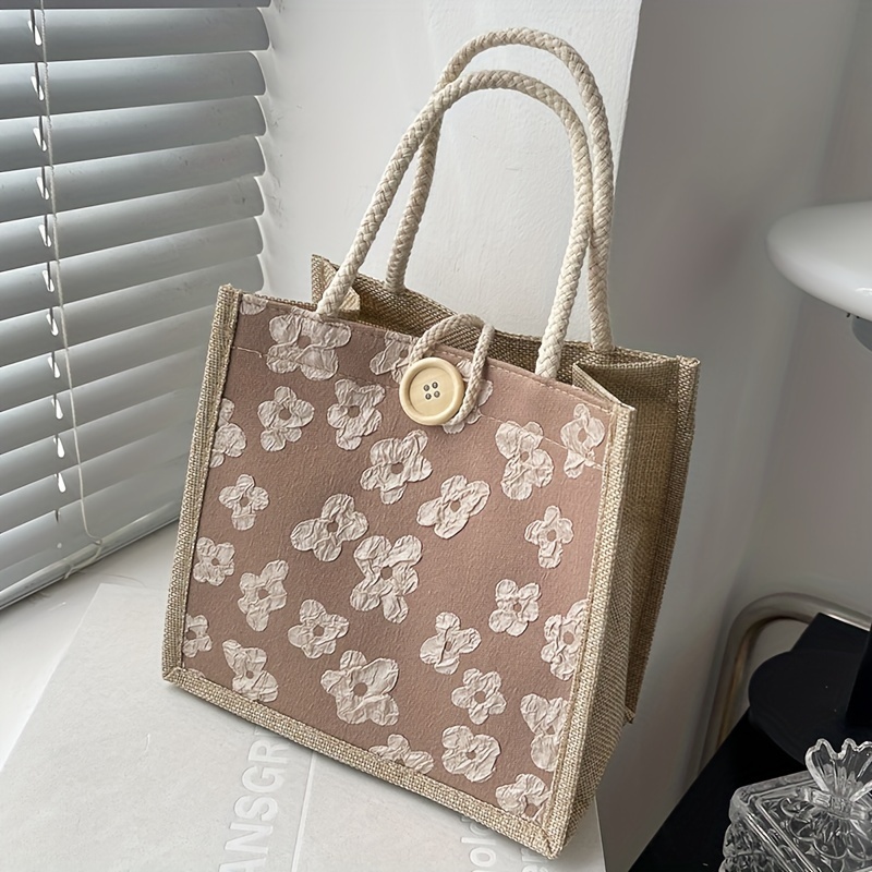 

Flowers Pattern Tote Bag Burlap Bag, Large Capacity Reusable Shopping Bag, For On The Go