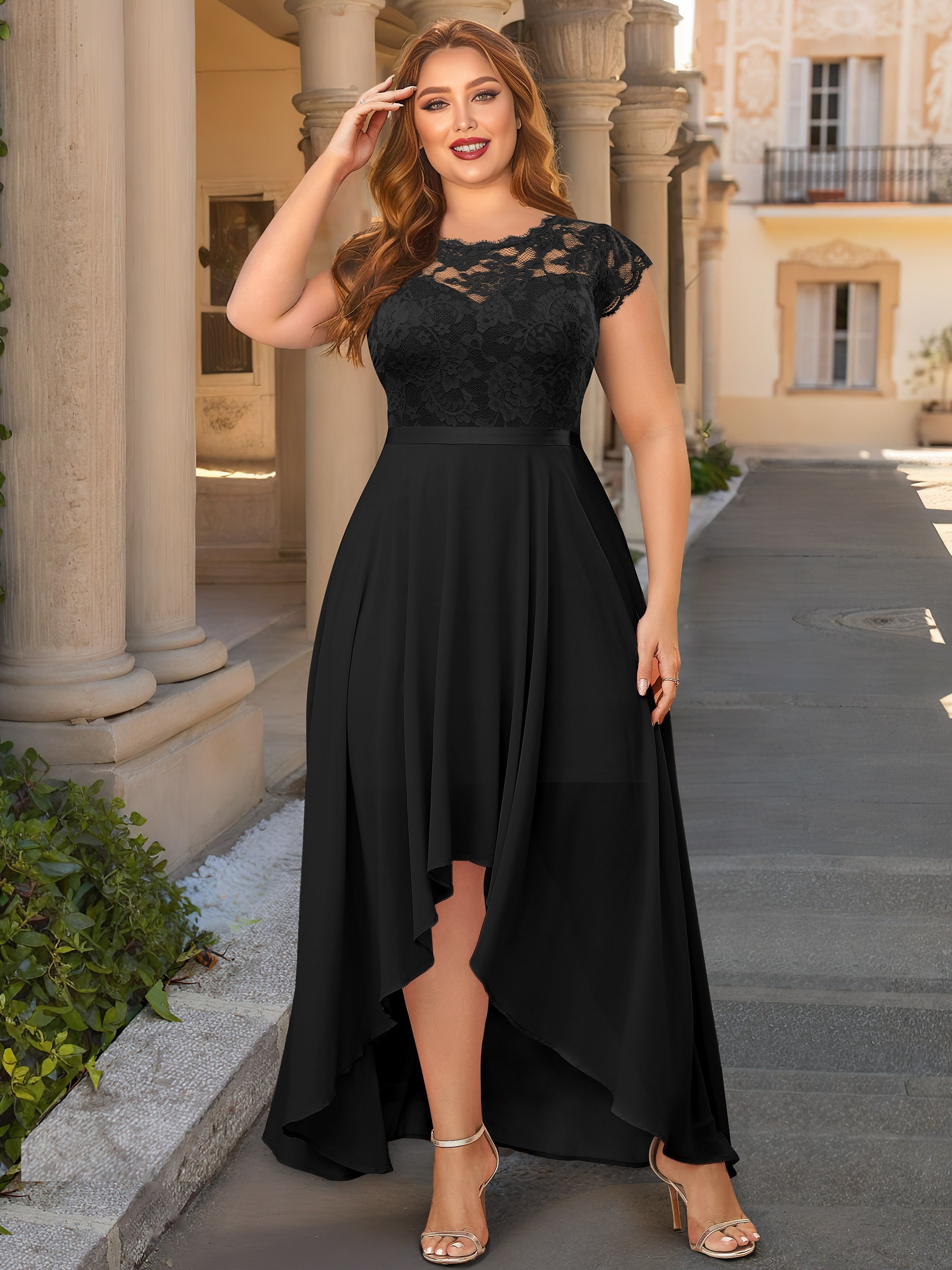 Plus Size Dress - Lace Overlay / Eyelash Lace Trim / Black