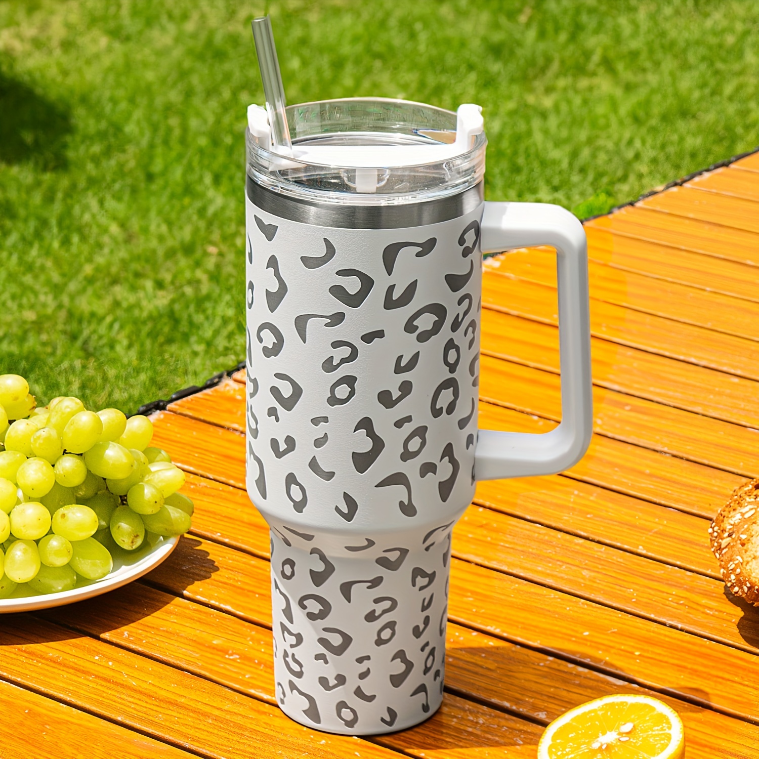 Leopard Print 40oz Stainless Steel Portable Cup with Handle – Whipi Co