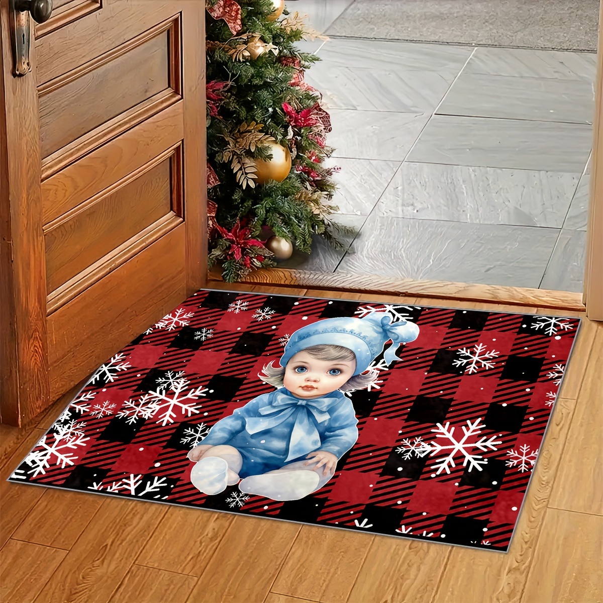 Indoor Doormat Front Door Mats,Christmas Dwarf Red Buffalo Plaid Water  Absorbent Non Slip Entrance Rugs,Winter Snowflake Green Tree Gift Floor  Bath