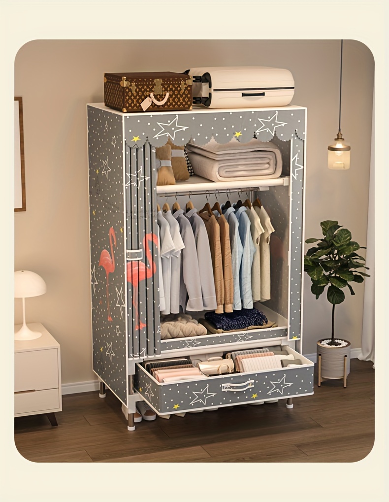 1 piece of   style wardrobe home bedroom assembly simple modern sturdy and   suitable for rental rooms dormitories reinforced steel pipes reindeer hanging wardrobe details 9