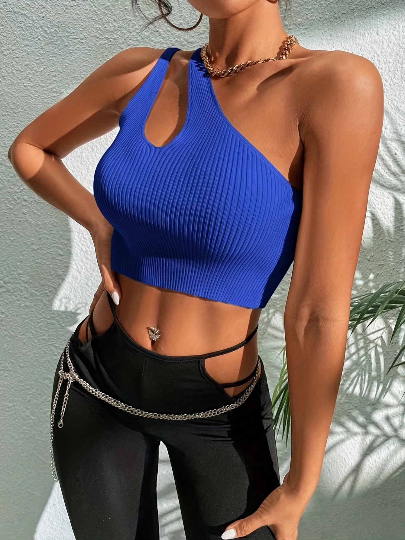 Solid One Shoulder Crop Top, Sexy Slim Summer Sleeveless Top, Women's  Clothing