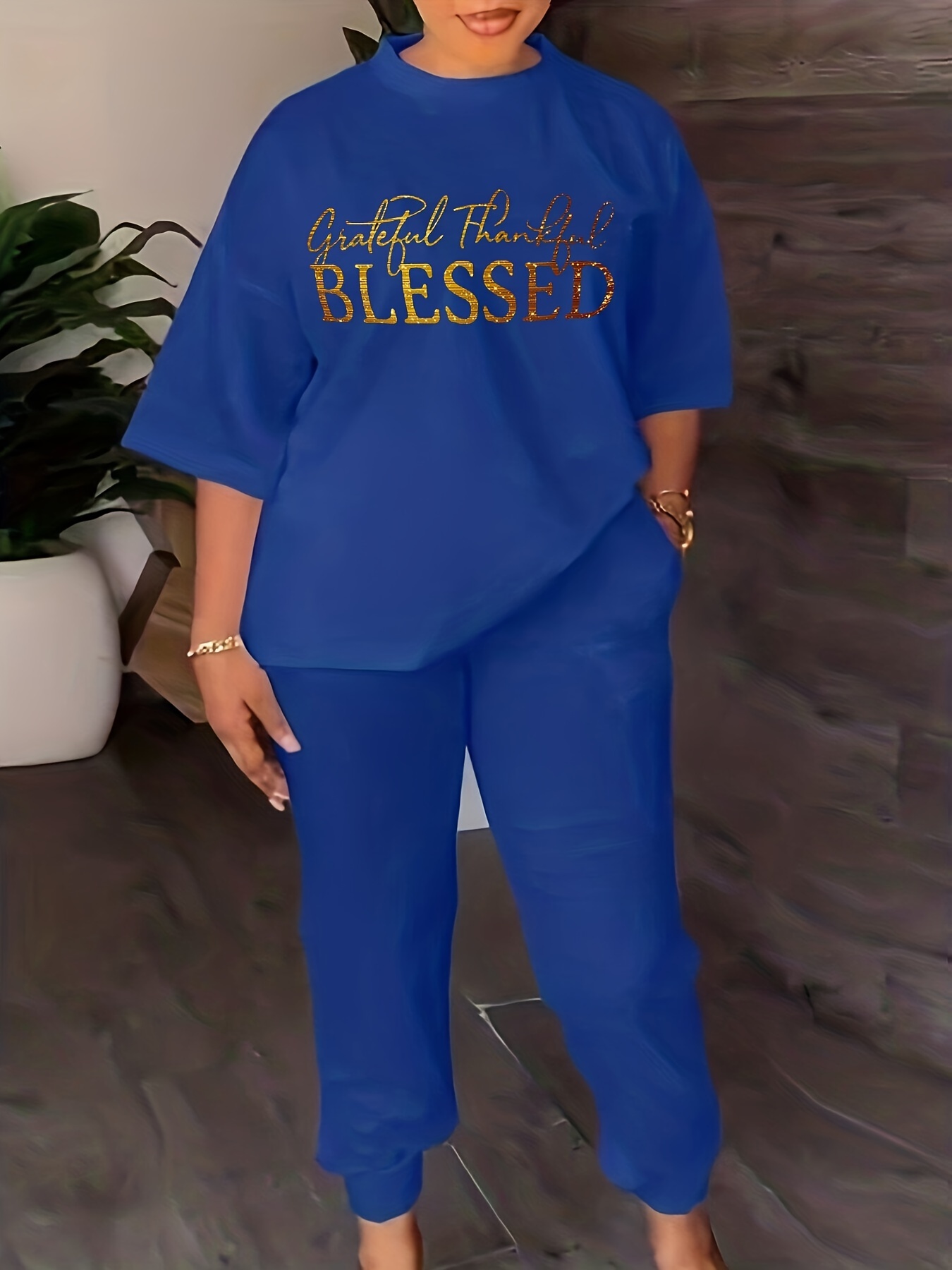 Casual Spring Summer Two piece Set Blessed Letter Print Crew