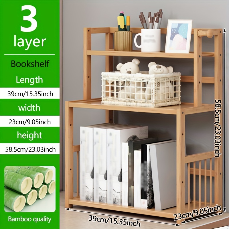 Bamboo Desktop Bookshelf Counter Top Bookcase 3-Drawers Kids Desk Organizer  Home