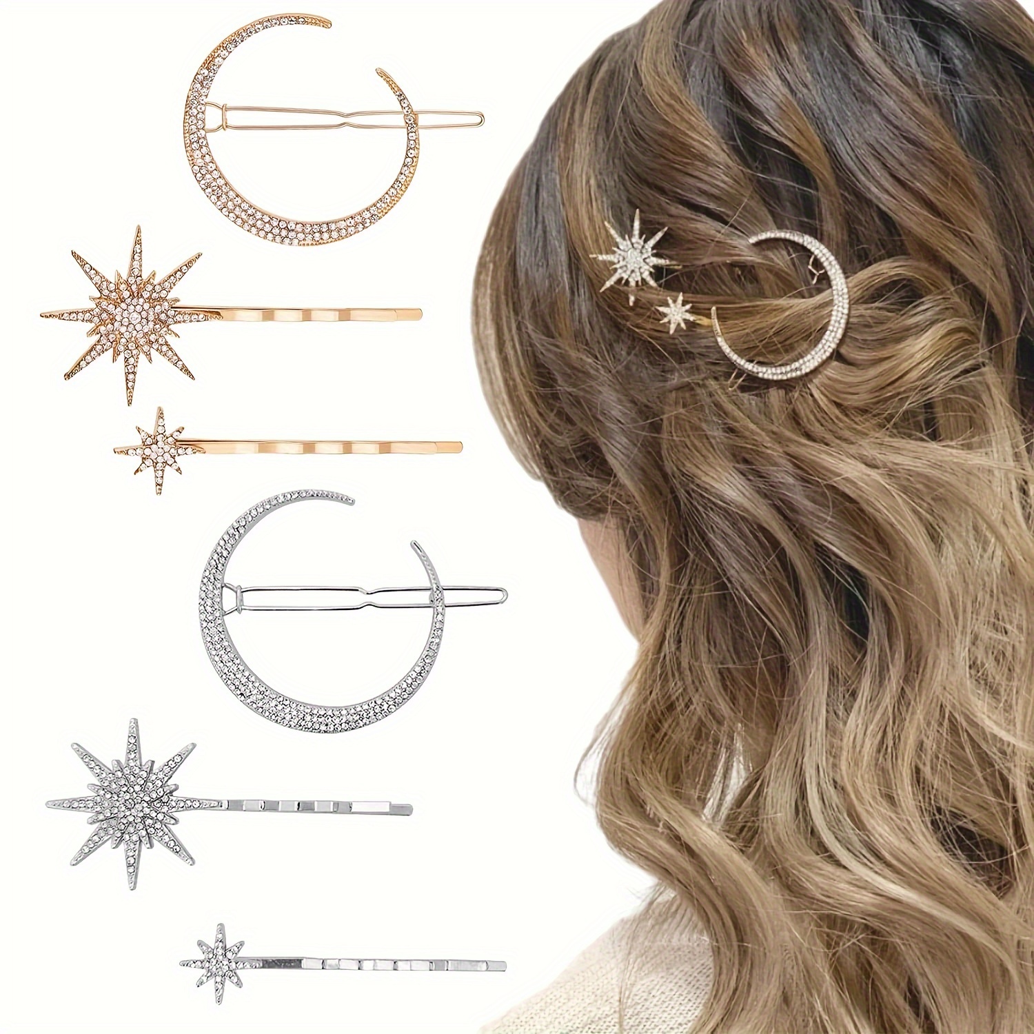 

3 Pcs Moon Star Shaped Side Clip Alloy Hairpin With Rhinestone Decor Versatile Edge Clip For Women's Bangs Hair Clip For Eid, Ramadan