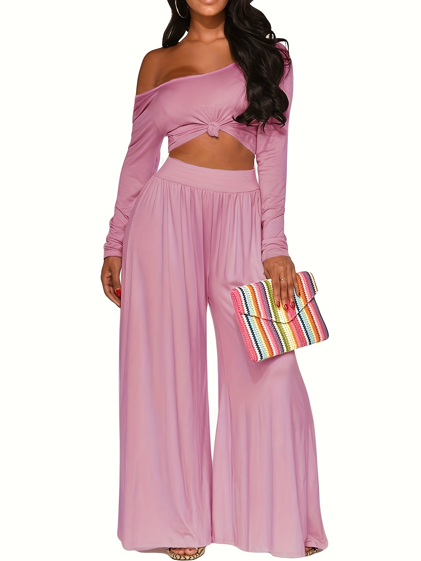 Casual Solid Two piece Set Puff Sleeve Crop Top Flare Pants - Temu Austria