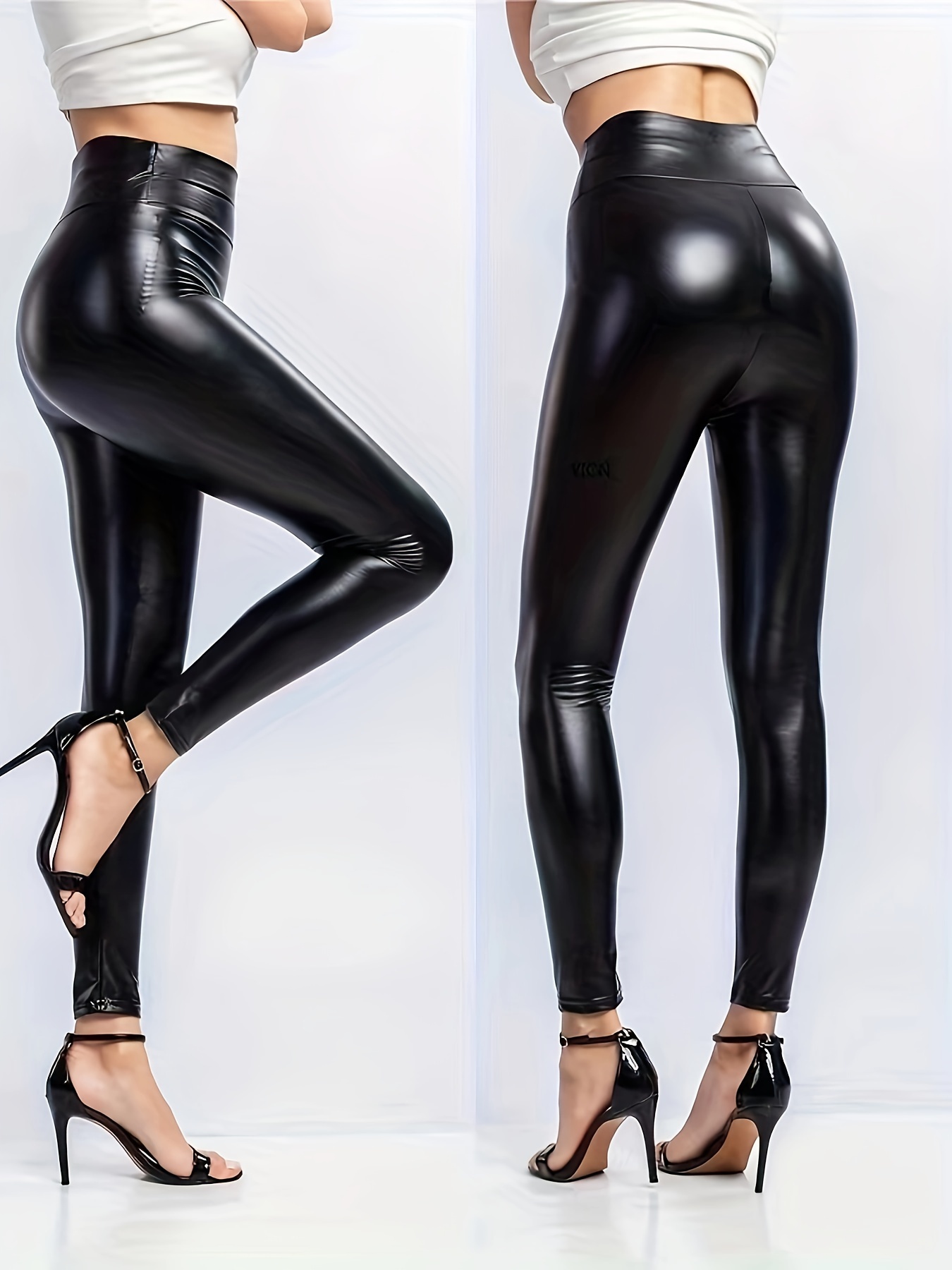 Women Warm PU Leather Leggings Waterproof Elastic High Waist Slim Pants  Trousers