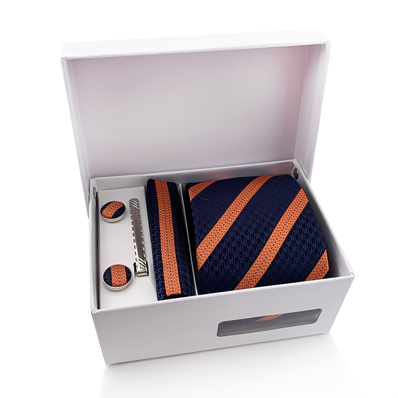 1pair Mens Tie Gift Box Tie Pocket Square Cufflinks Tie Clip Set