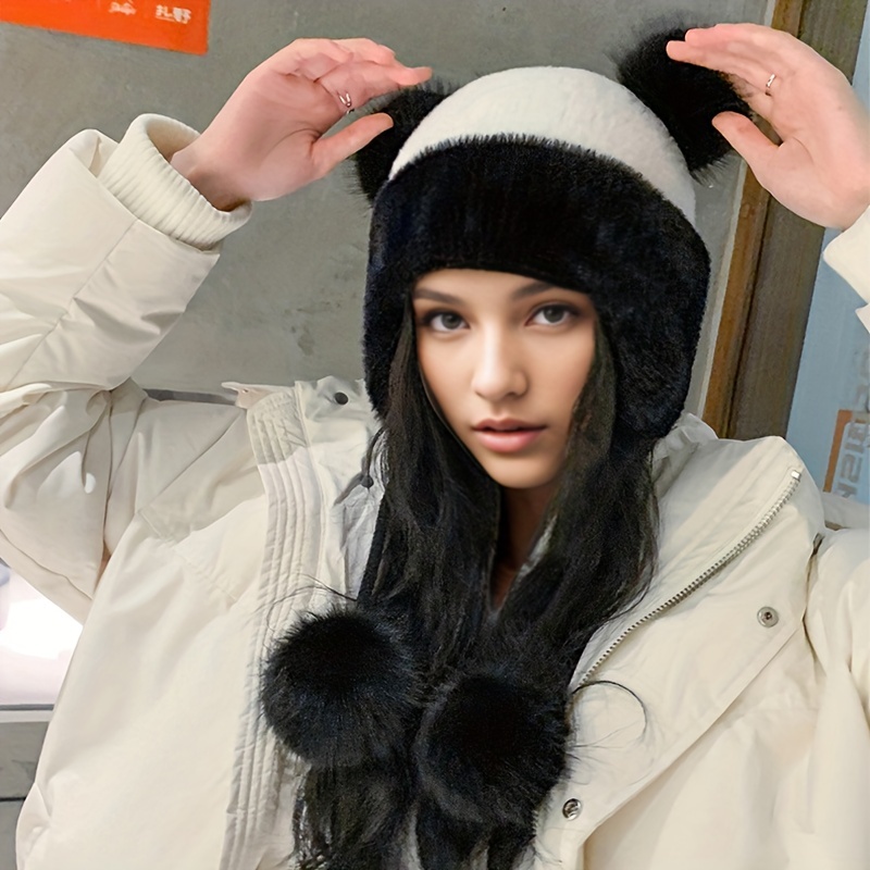 Winter Faux Fur Ear Flap Hat Thick Solid Color Bomber Hats Elastic Warm  Beanies With Pom Coldproof Knit Hats For Women - Temu