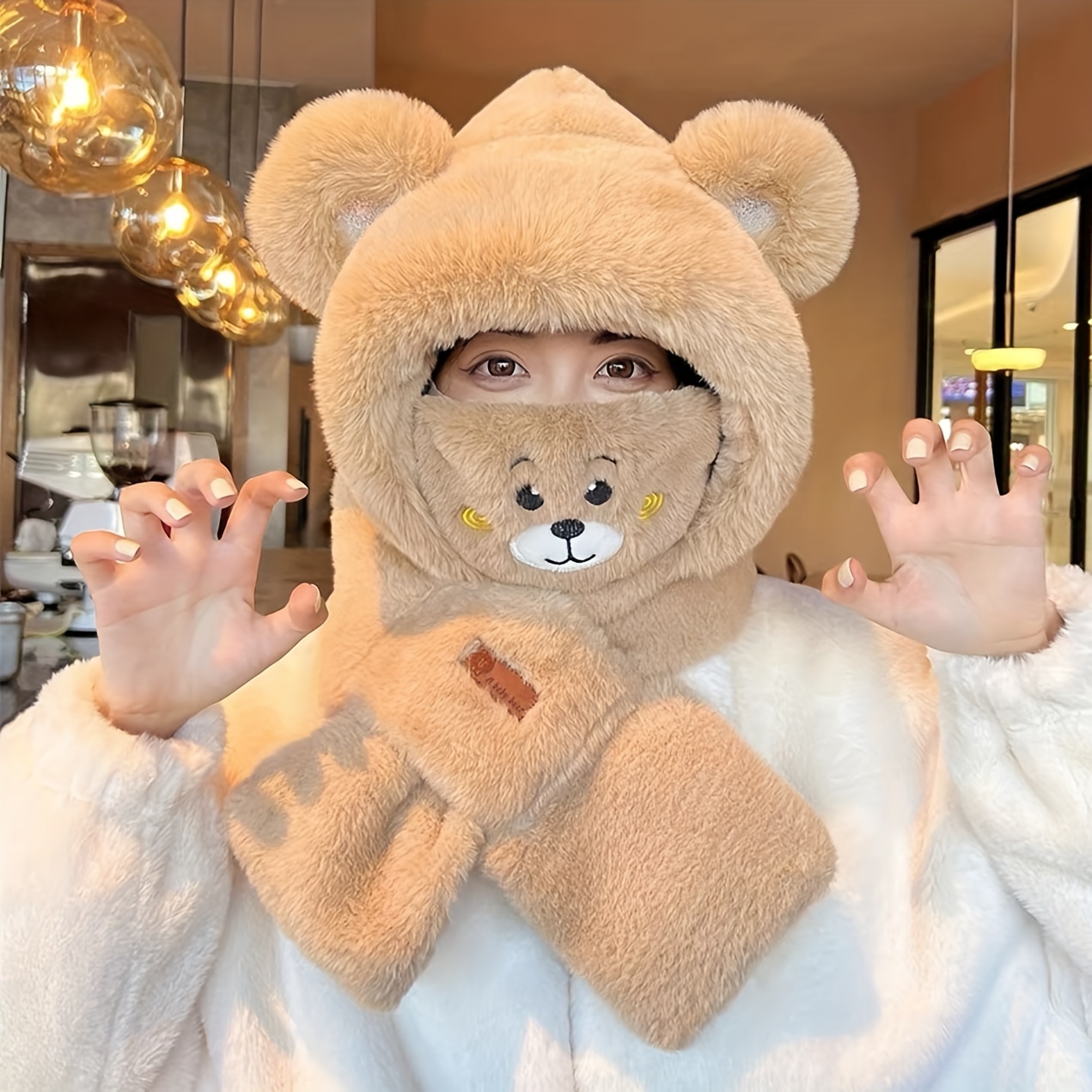Cute Bear Plush Hooded Scarf Coldproof Face Mask Neck Gaiter - Temu Canada