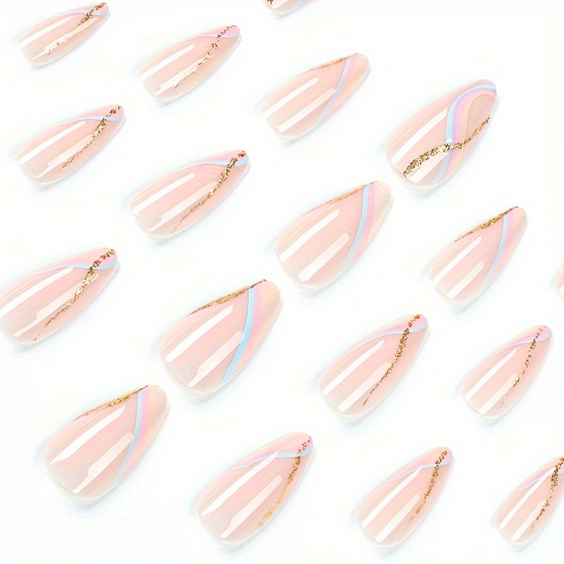 24pcs glossy medium almond fake nails pinkish press on nails with colorful wave design sweet cool false nails for women girls details 1