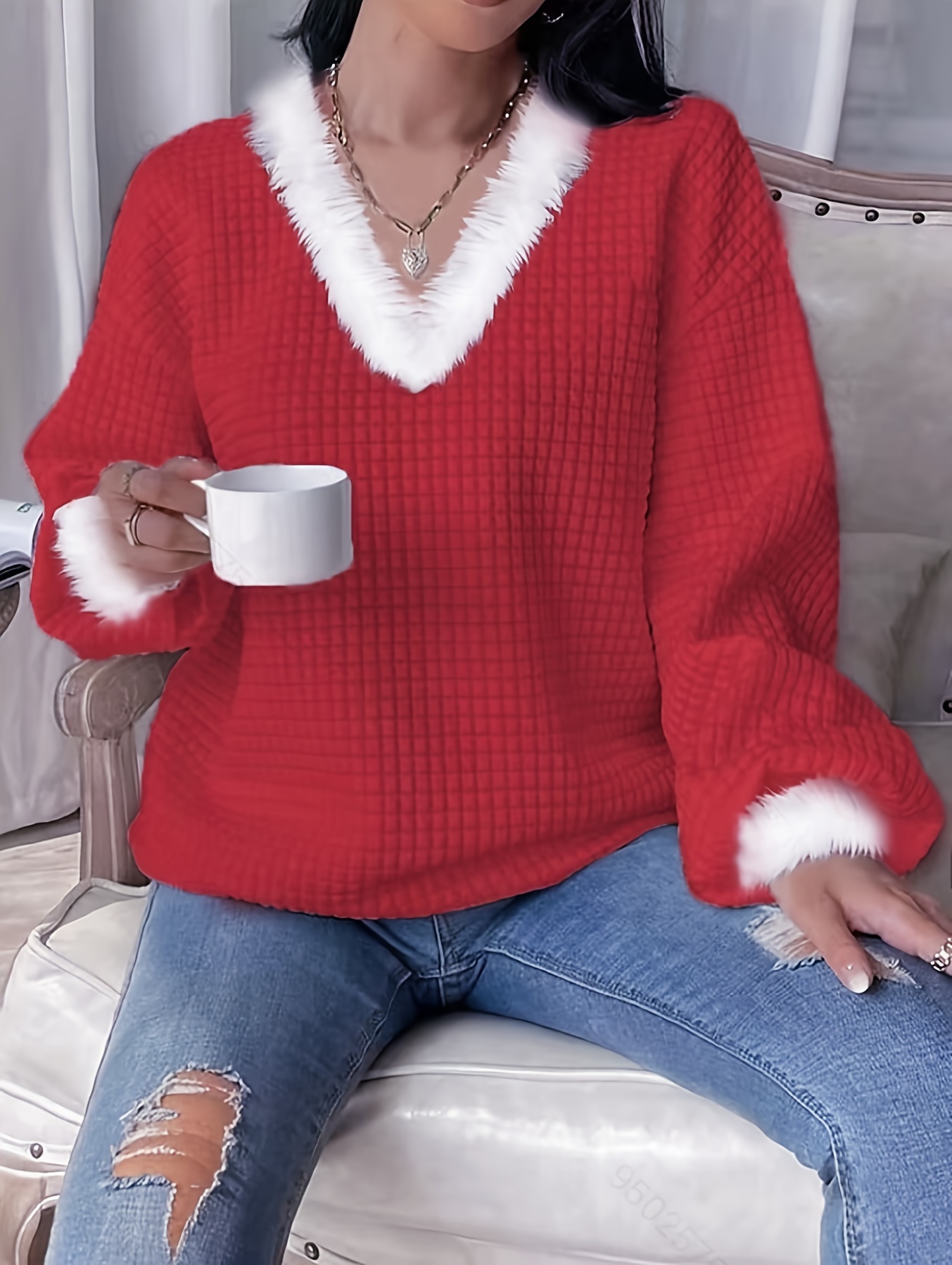 Christmas Faux Fur Trim Pullover Sweatshirt Casual Long - Temu