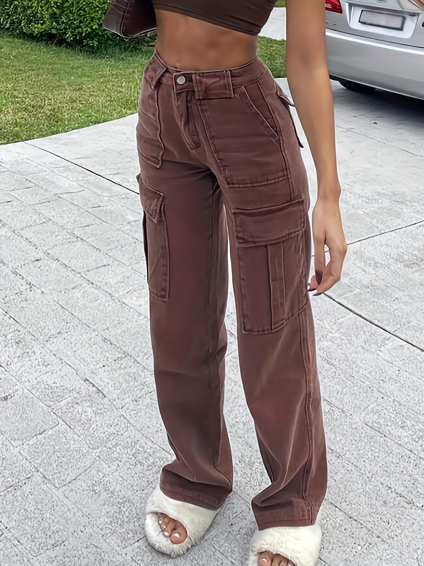 Dark Brown Straight Jeans Flap Pockets High Waist Loose Fit - Temu Canada