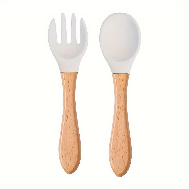 2pcs/set Food Grade Silicone Mini Fork Spoon For Baby Wooden Print Utensils  Set Feeding Spoon Learn To Eat Children's Tableware