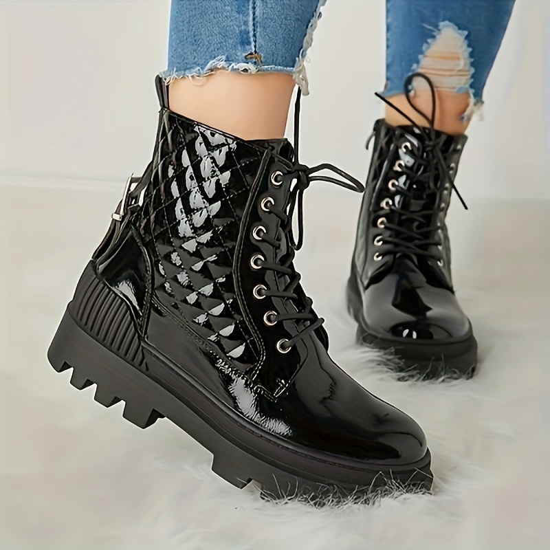 Women s Platform Ankle Combat Boots Solid Color Lace Patent Temu