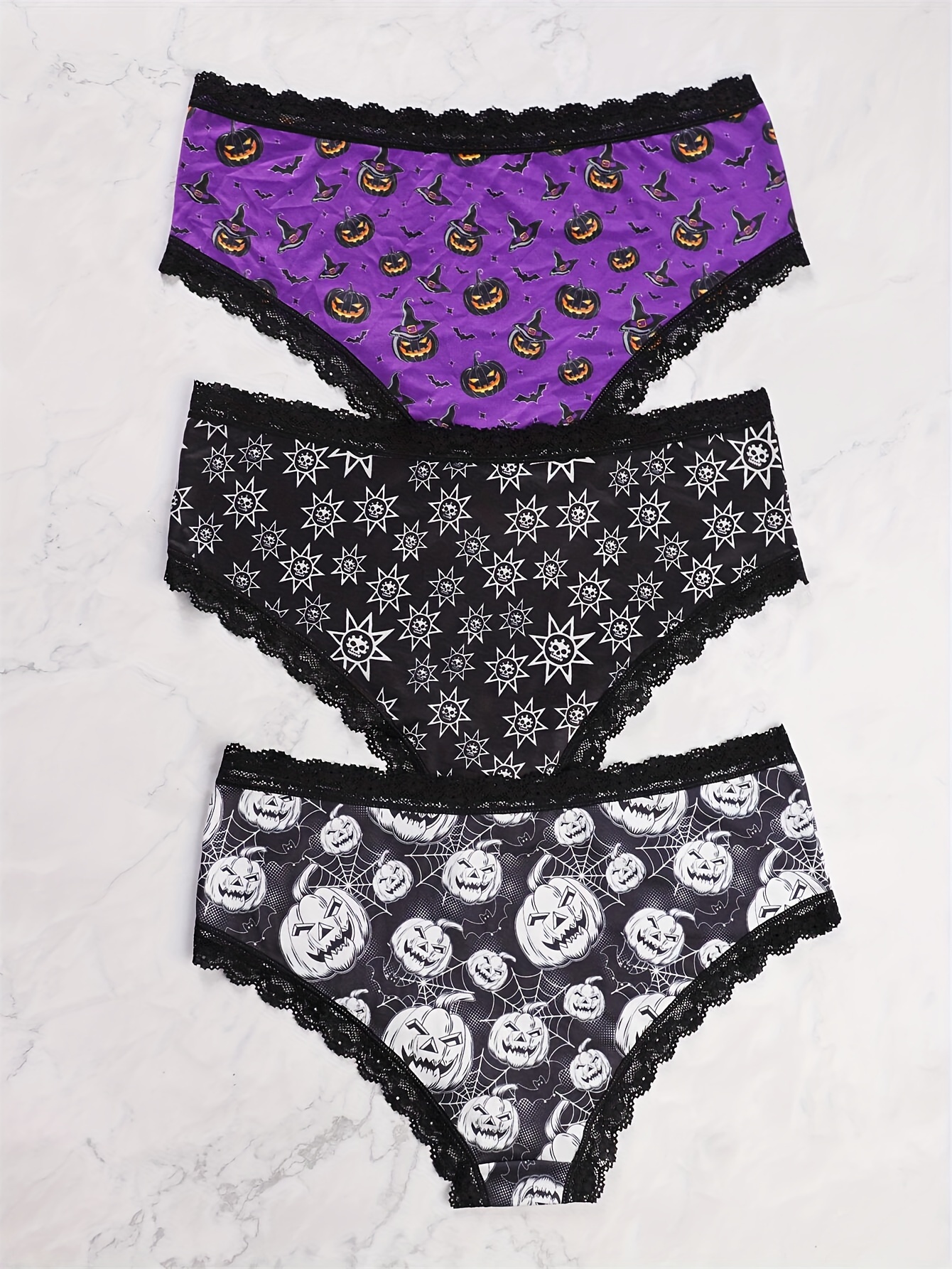 3 Pack Plus Size Music Festival Gothic Panties Set, Women's Plus Skull  Print Contrast Lace Trim Low Waisted Bikini Underwear 3pcs Set