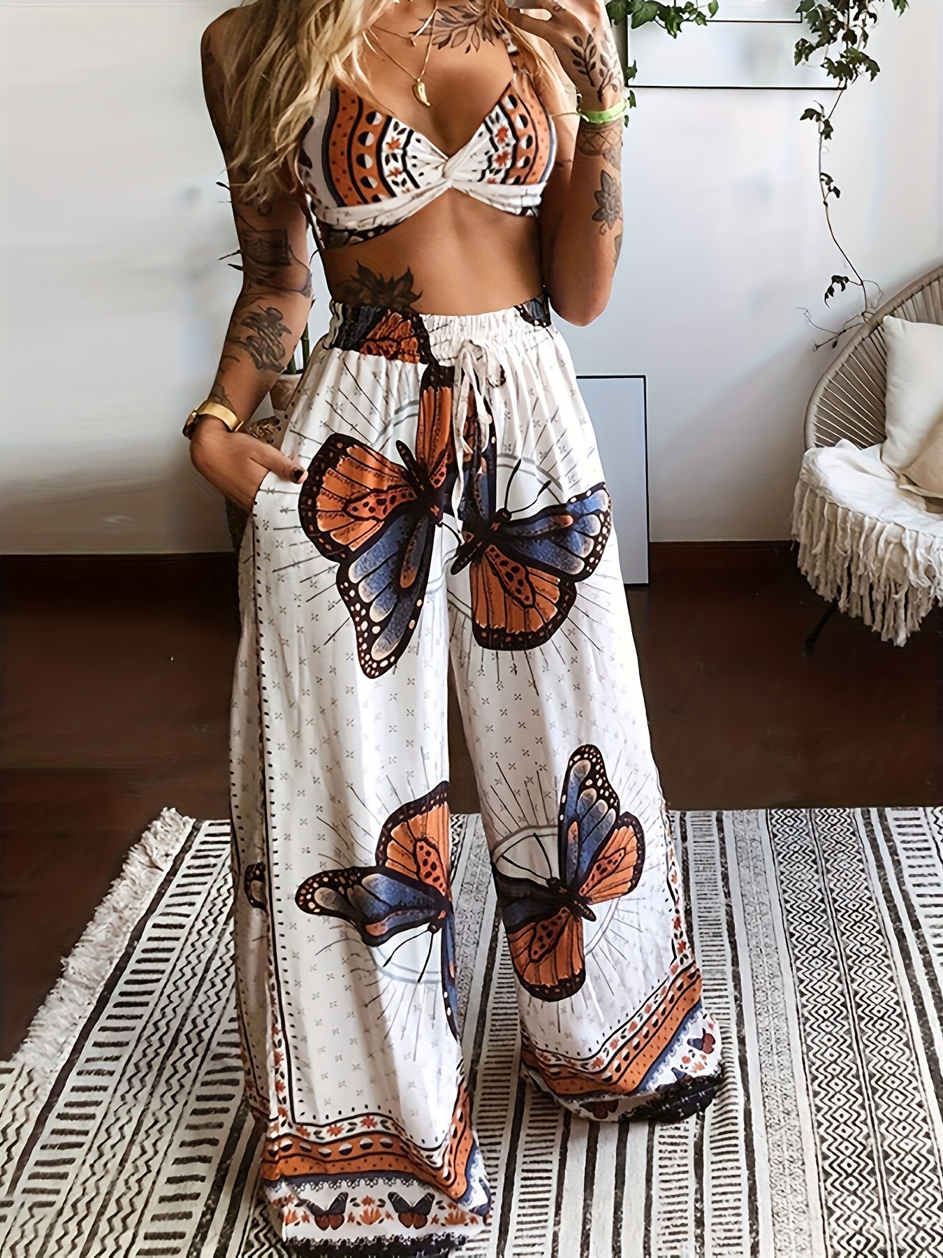 Plus Size Butterfly Print Wide Leg Pants Women's - Temu Canada